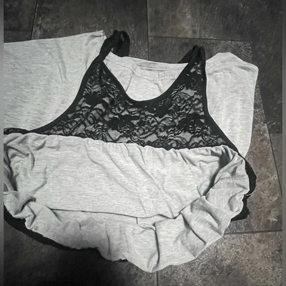 Totally 80’s Grey Off the Shoulder Top with Black Lace Overlay Tank - Picture 2 of 4